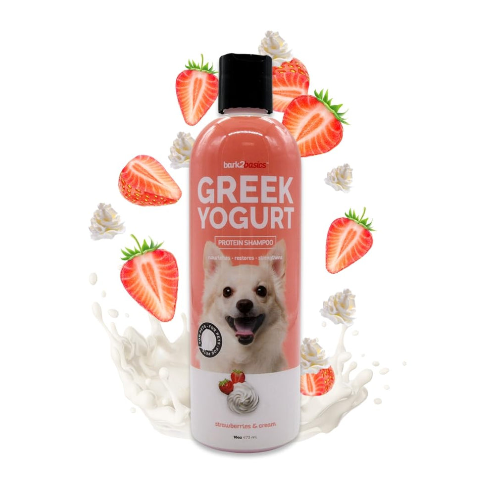 Shampoing Bark2Basics Fraises et Crème, bouteille élégante pour lavage doux du pelage.