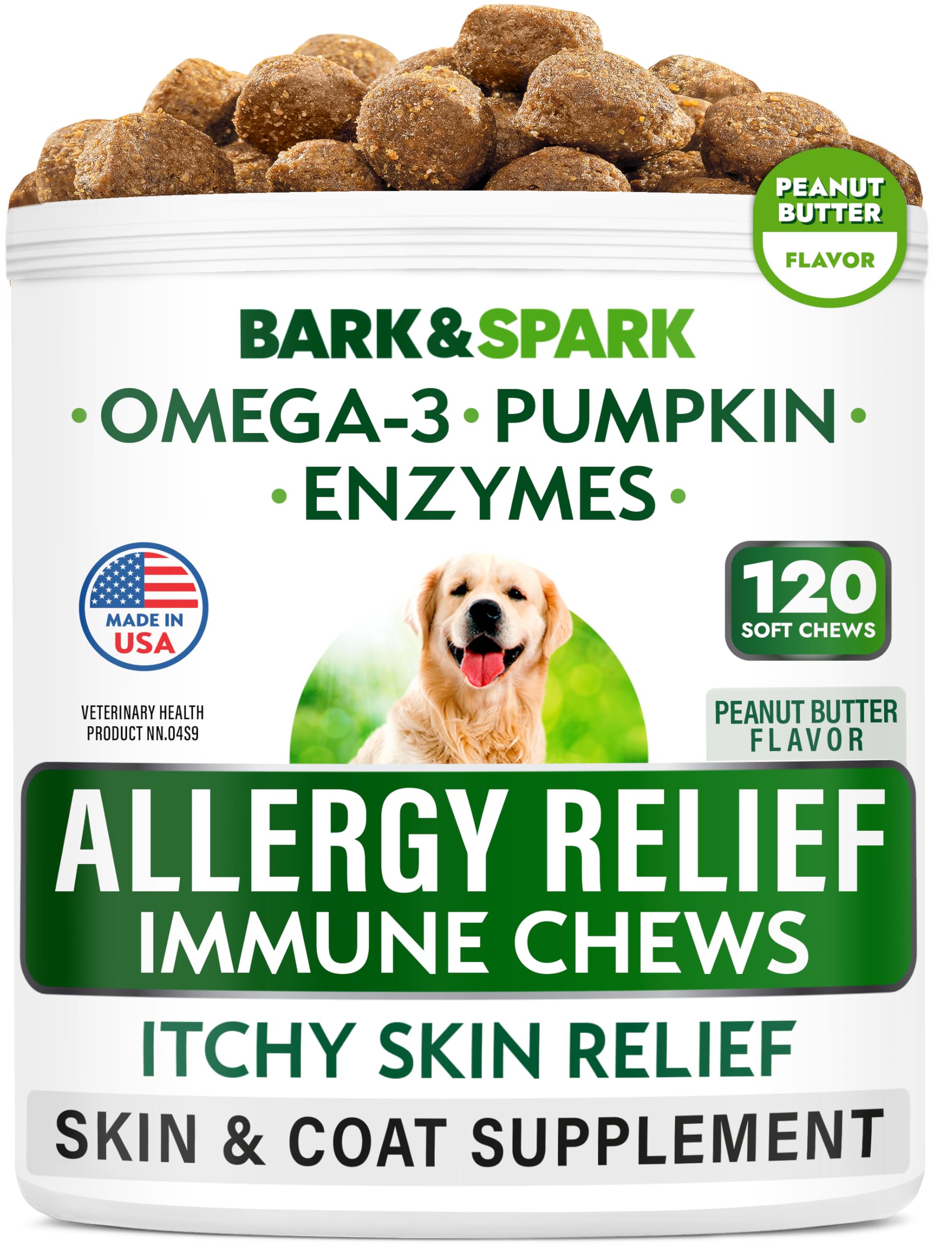 BARK&SPARK friandises anti-allergie pour chien, flacon devant, soutien potentiel contre les allergies.