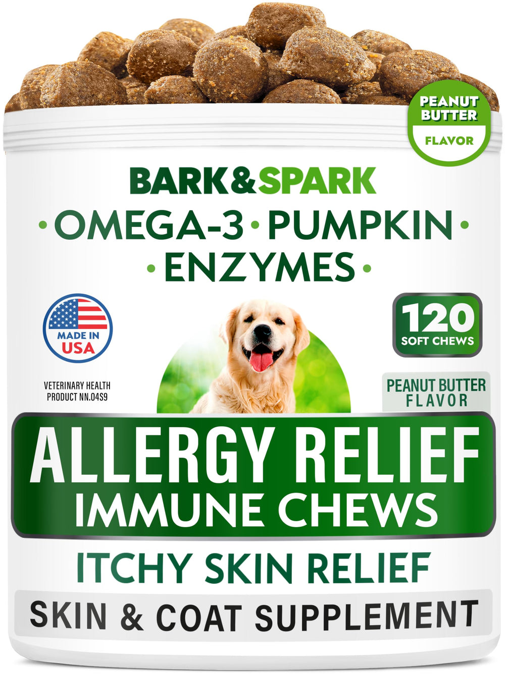 BARK&SPARK friandises anti-allergie pour chien, flacon devant, soutien potentiel contre les allergies.