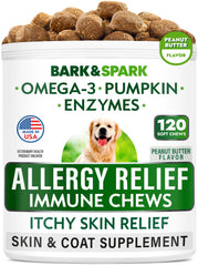 BARK&SPARK friandises anti-allergie pour chien, flacon devant, soutien potentiel contre les allergies.