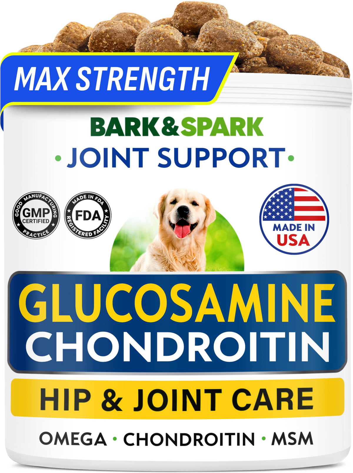 BARK&SPARK Glucosamine Chondroitine: bouteille articulations chien.