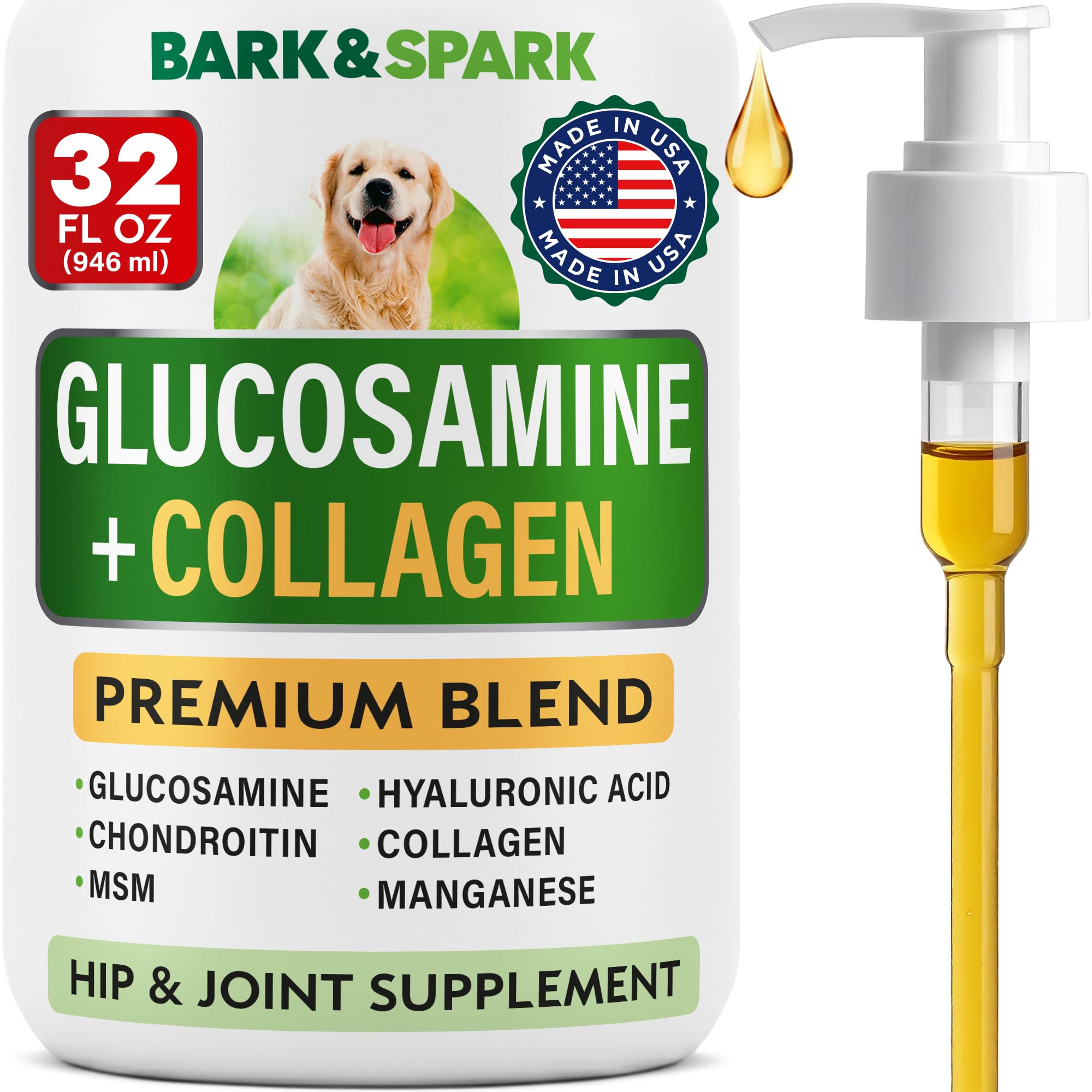 BARK&SPARK glucosamine liquide pour chien, bouteille, soutien mobilité.