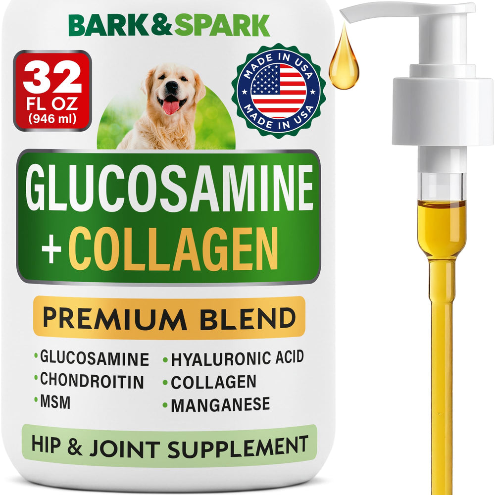 BARK&SPARK glucosamine liquide pour chien, bouteille, soutien mobilité.