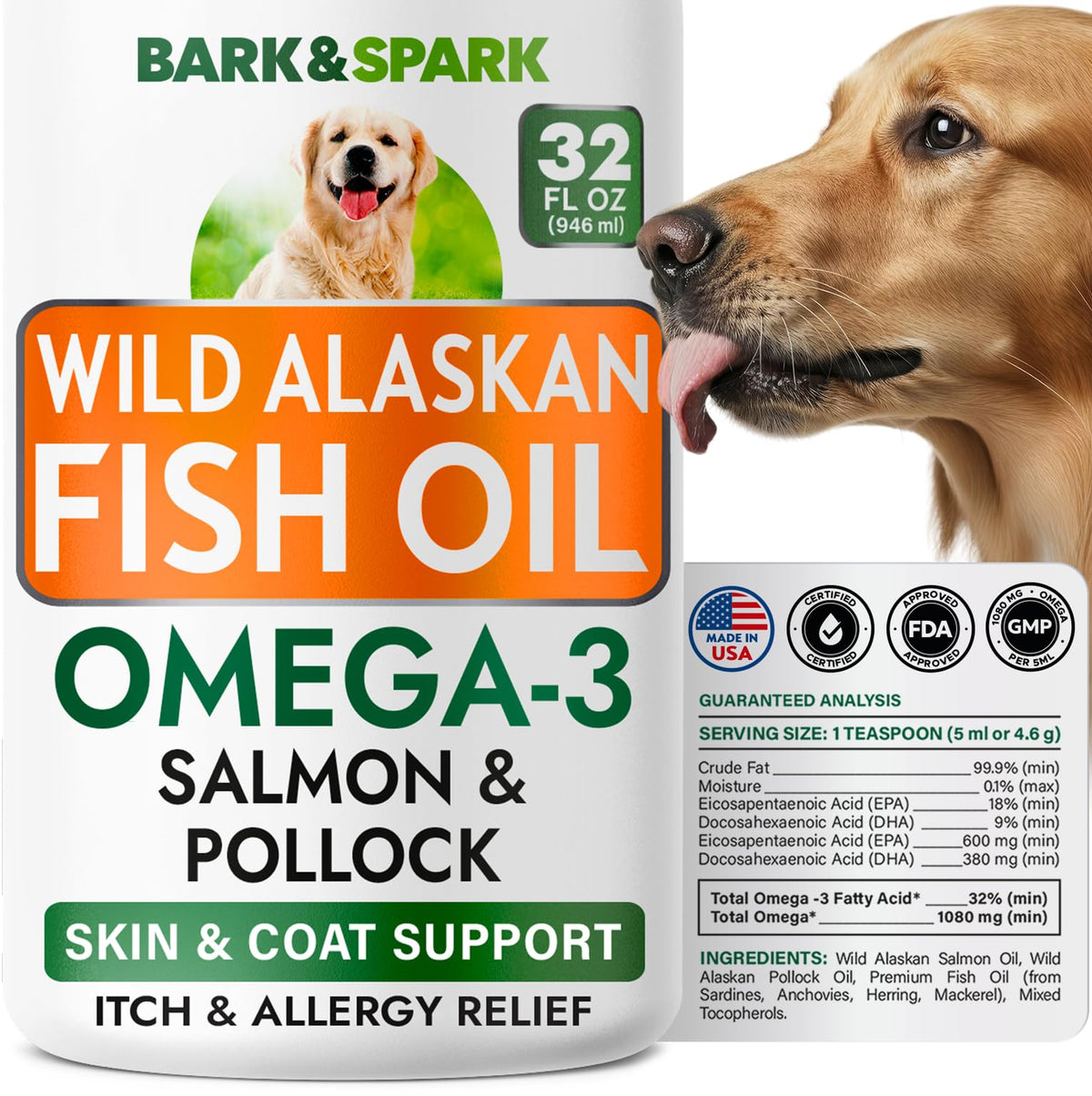 Huile Poisson Bark&Spark en bouteille pour chien, soutien peau et pelage.