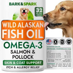 Huile Poisson Bark&Spark en bouteille pour chien, soutien peau et pelage.