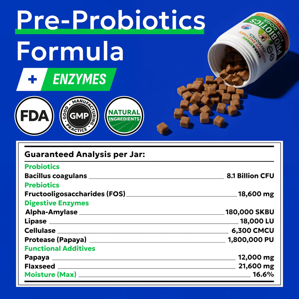 Bark&Spark Probiotiques: ingrédients probiotiques et enzymes pour digestion canine.