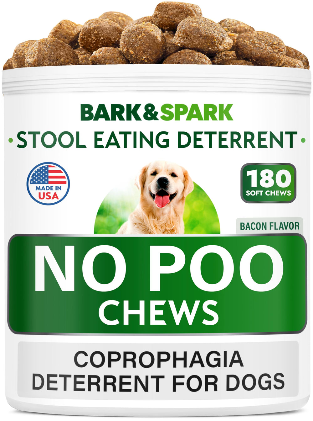 BARK&SPARK anti-coprophagie – emballage et bouchées, soutien à la prévention.