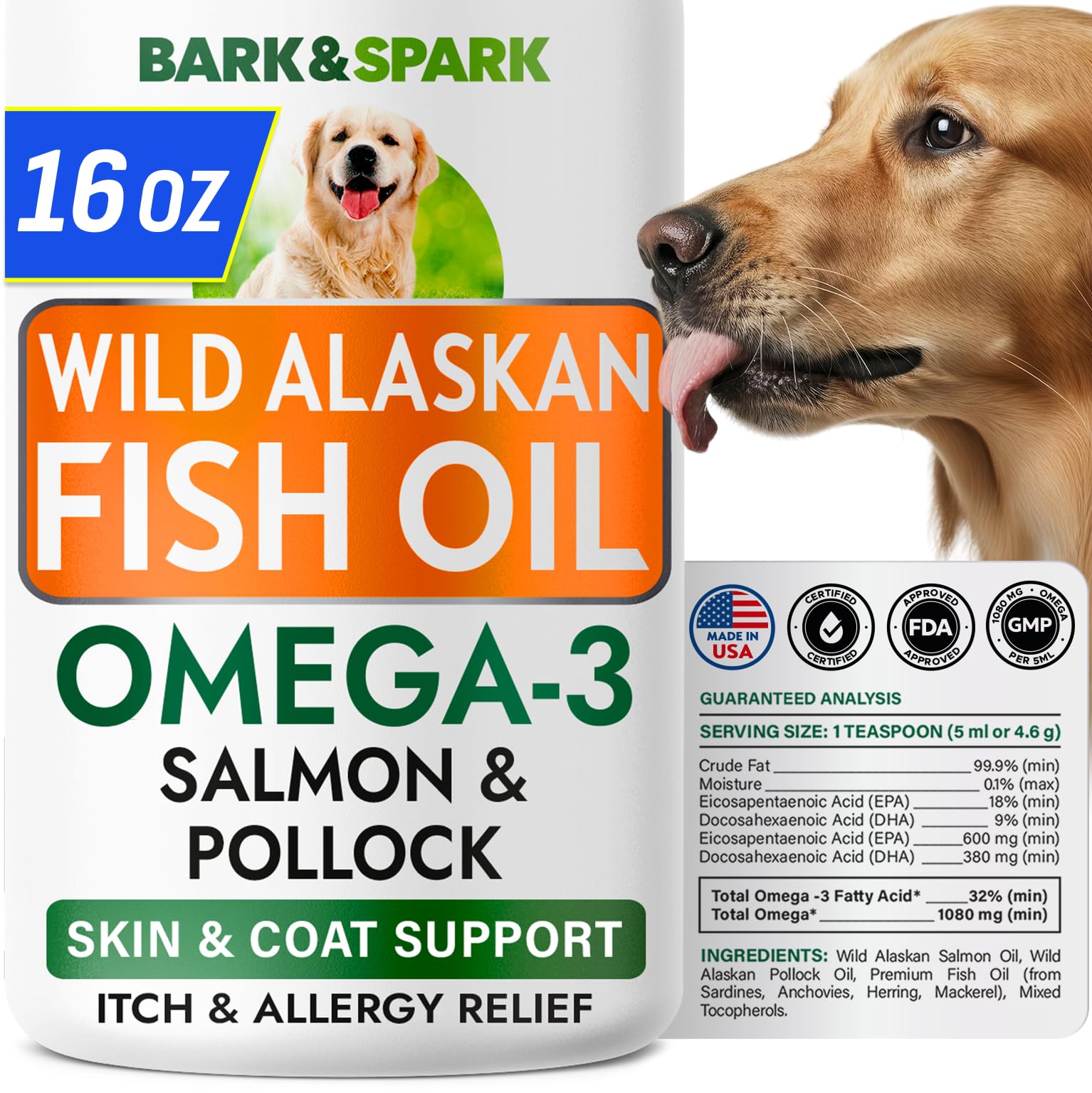 BARK&SPARK Omega3: bouteille avec pompe, dosage facile pour le chien.