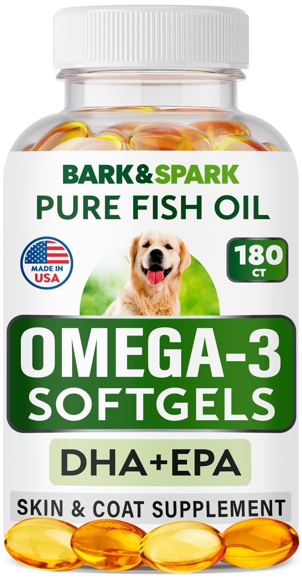 Flacon BARK&SPARK Omega3 et gélules pour chiens soutenant peau et pelage.
