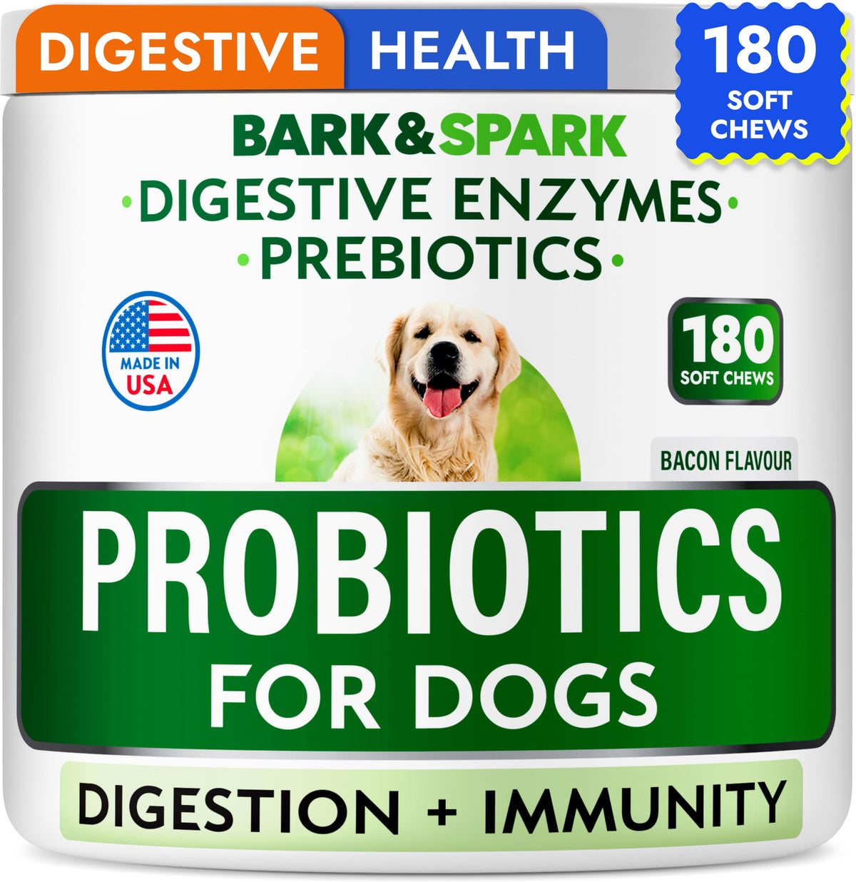 BARK&SPARK Probiotiques chien 180 bouchons – soutien digestif quotidien.