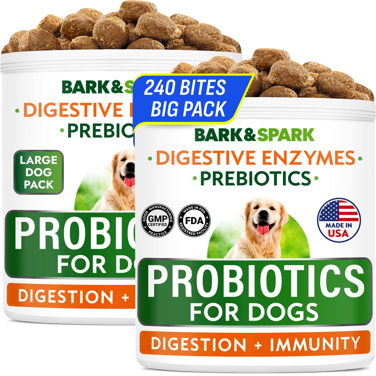 BARK&SPARK Probiotiques pour chien avec friandises savoureuses soutenant la digestion.