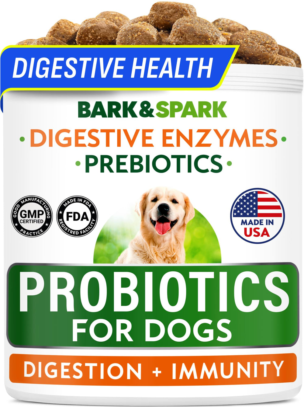 Probiotiques BARK&SPARK pour chien, ensemble digestif, soutien potentiel à la digestion.