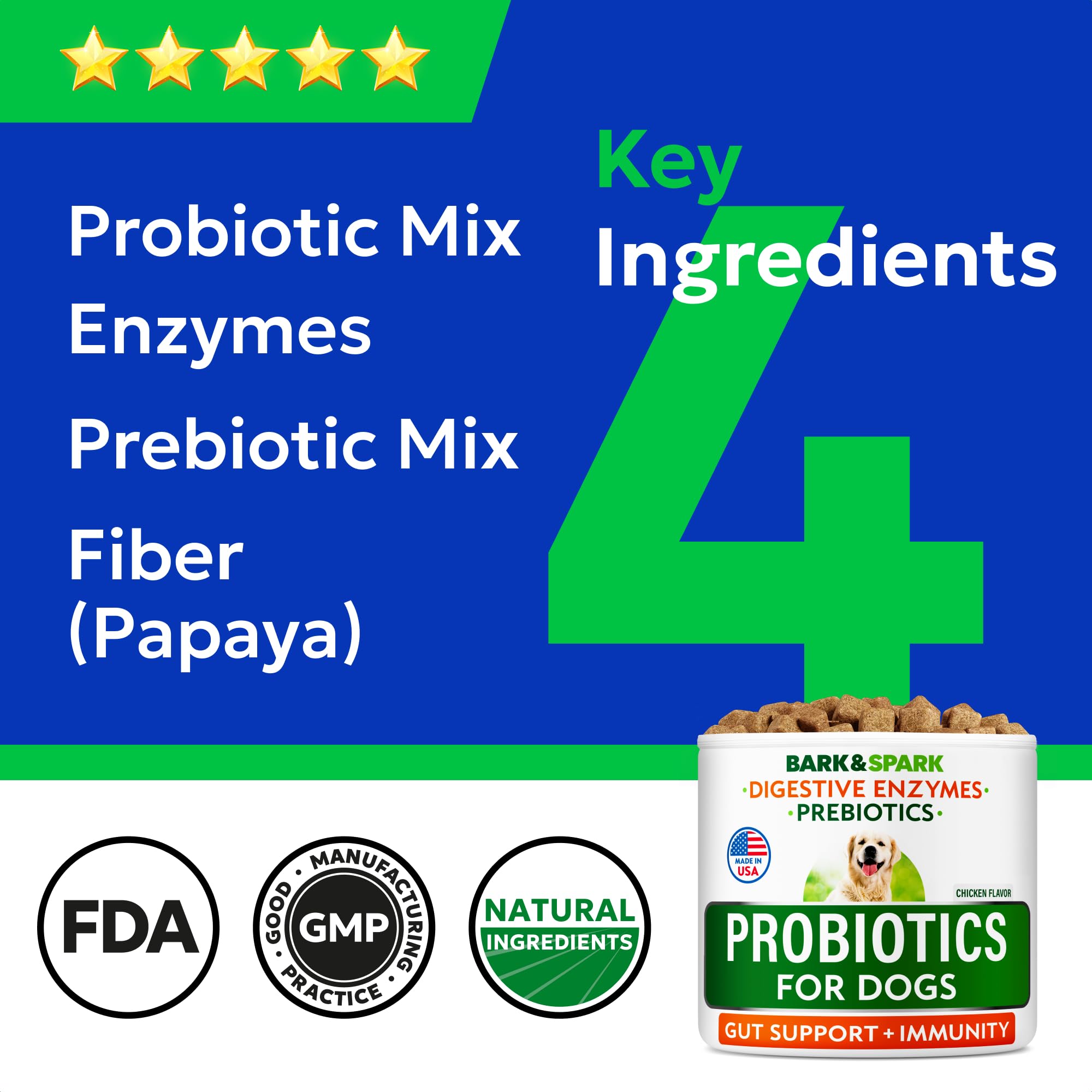 Probiotiques BARK&SPARK chien avec enzyme digestive, aide possible à la digestion.