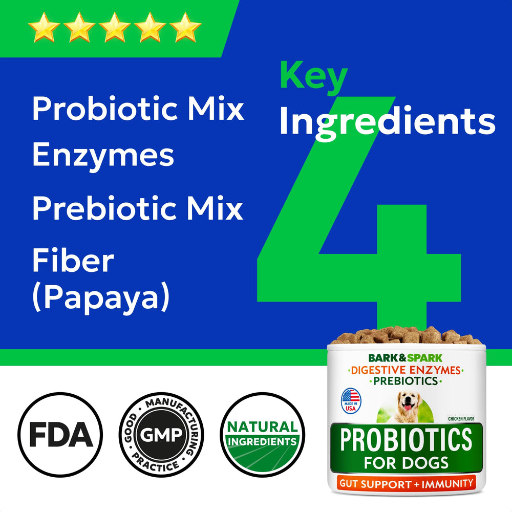 Probiotiques BARK&SPARK chien avec enzyme digestive, aide possible à la digestion.
