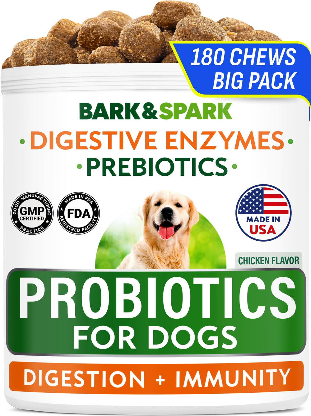 Bark&Spark Probiotiques: boîte et bouchées digestives au poulet pour soutien quotidien.