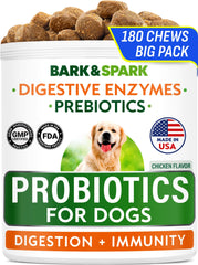 Bark&Spark Probiotiques: boîte et bouchées digestives au poulet pour soutien quotidien.