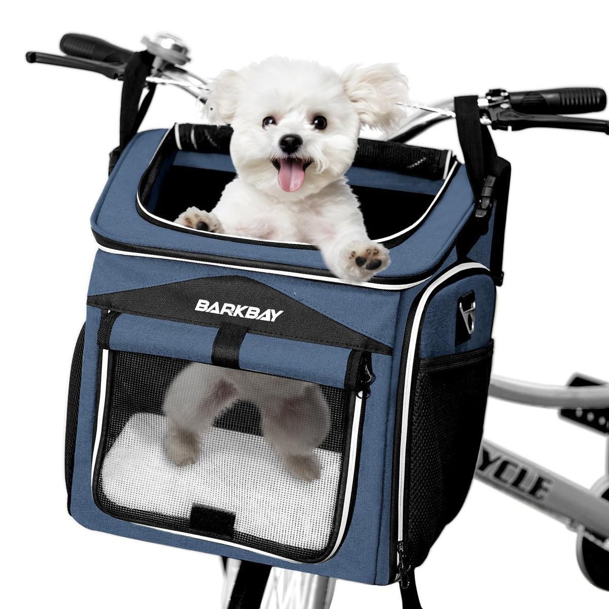 Panier Barkbay bleu amovible sur guidon, pratique pour sortir avec votre chien