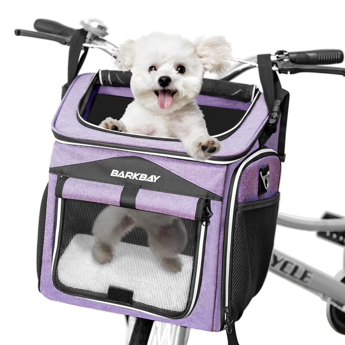 Panier BARKBAY pour chien violet, vue avant, pratique et sûr pour les balades.
