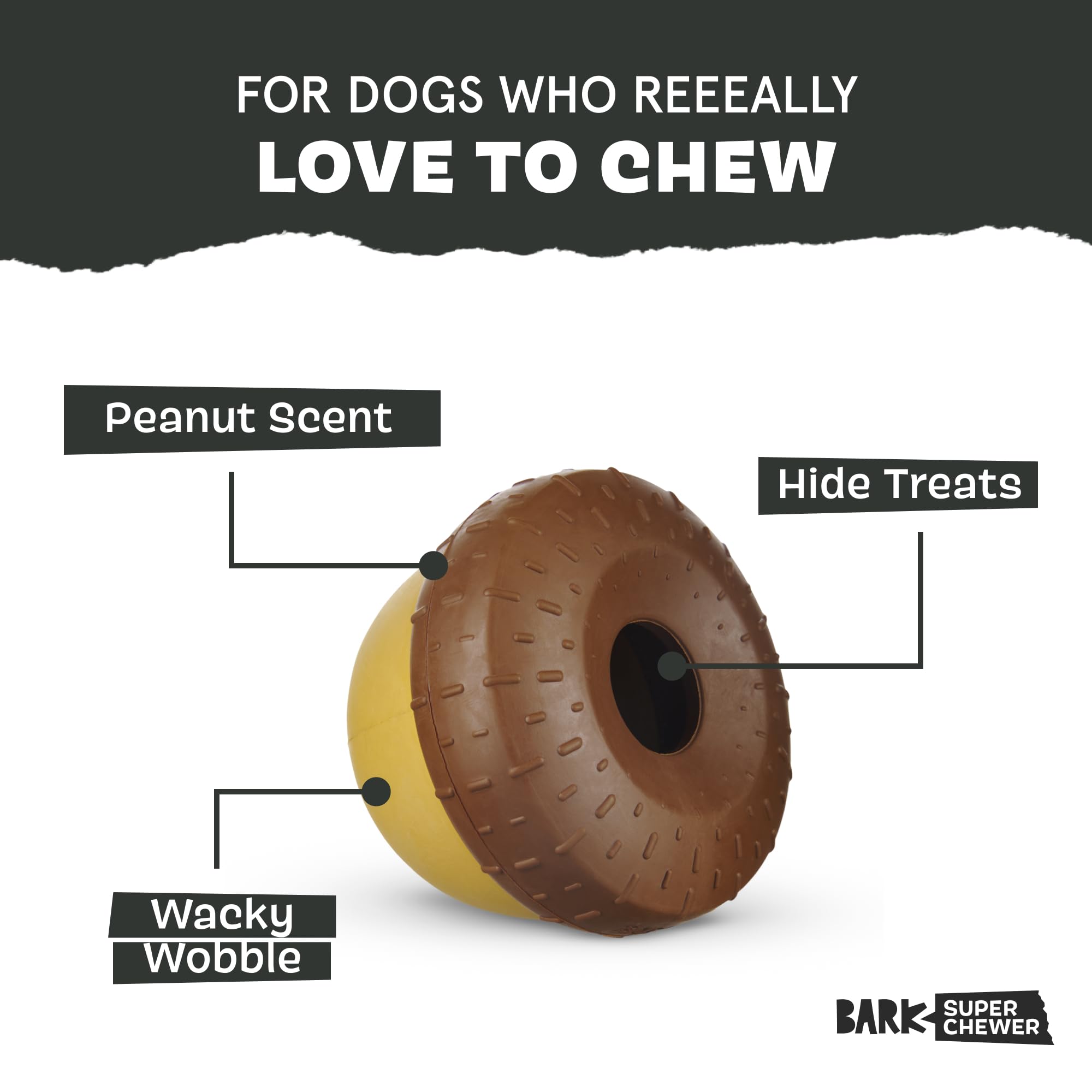 Barkbox Acornucopia, textures irrégulières: stimule le masticage et prévient l’ennui.