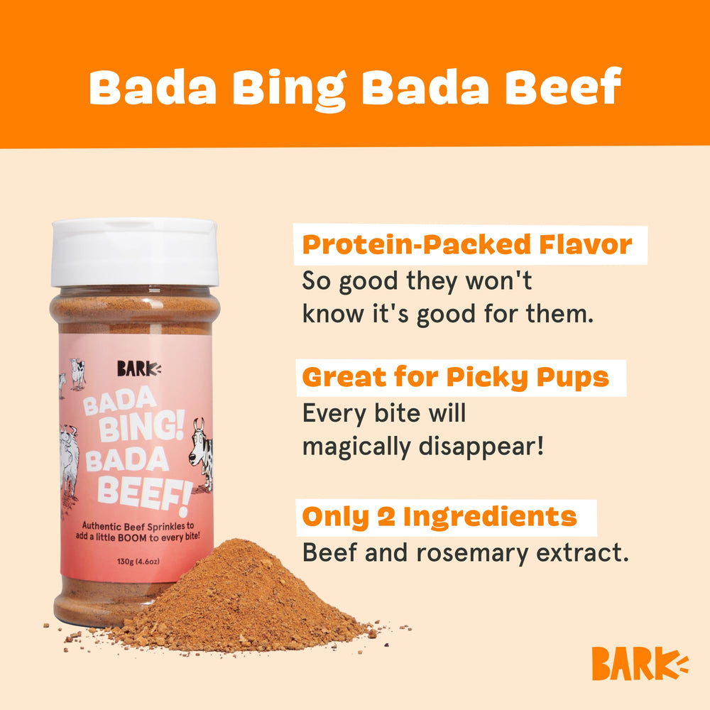 Barkbox Bada Bing Garniture de bœuf, arôme-romarin ajouté au repas.