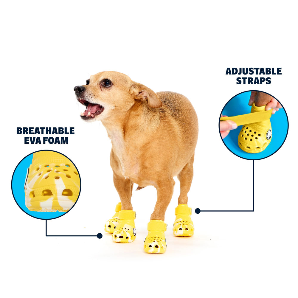 BarkBox bottes jaune, vue latérale, ajustement sûr et confortable