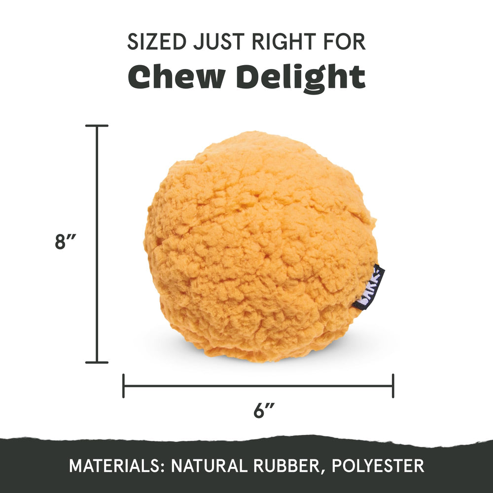 Cheeze Brawl Barkbox, balle squeaky texturée pour stimuler le jeu.