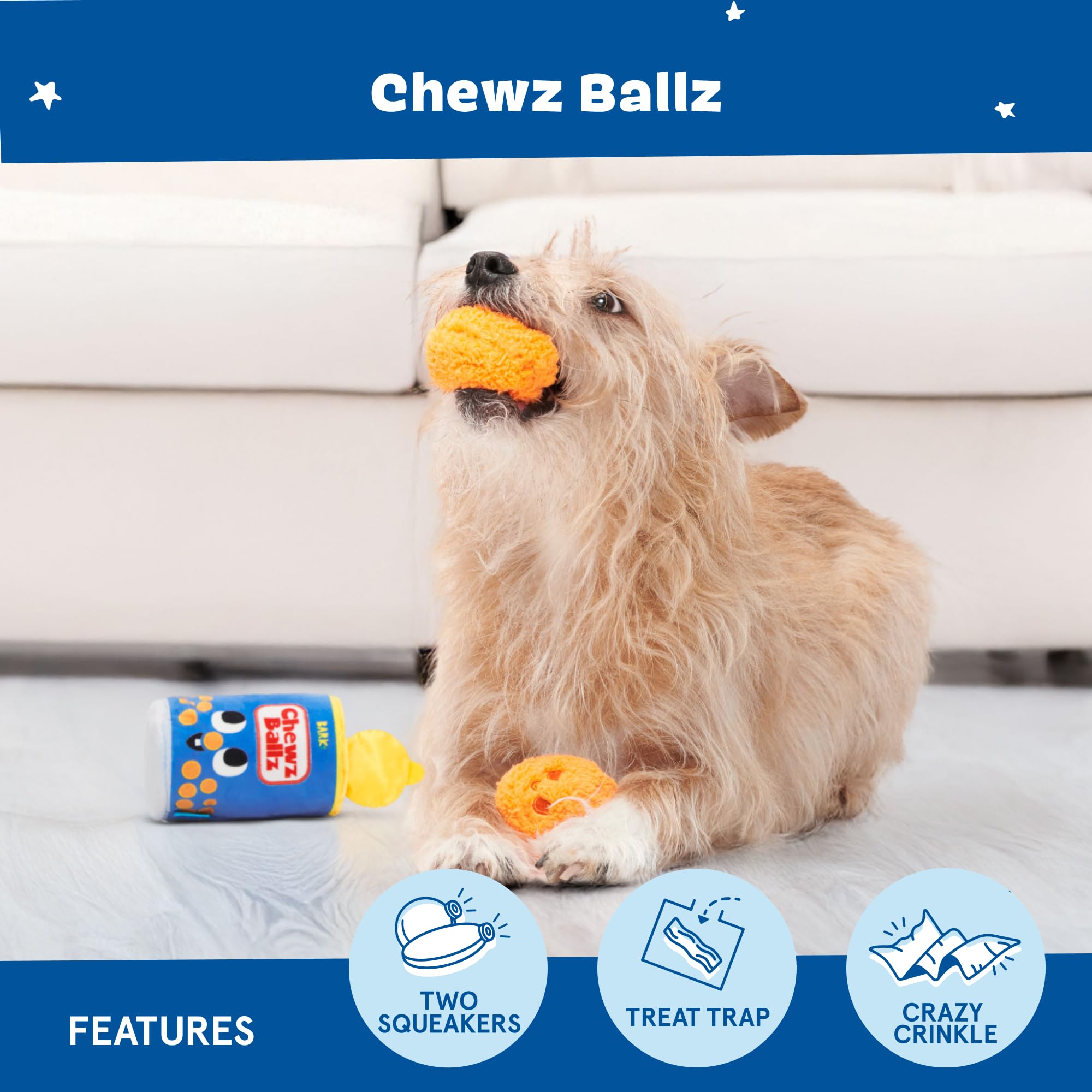 BarkBox Chewz Ballz, peluche douce, parfait pour câlins et jeux.