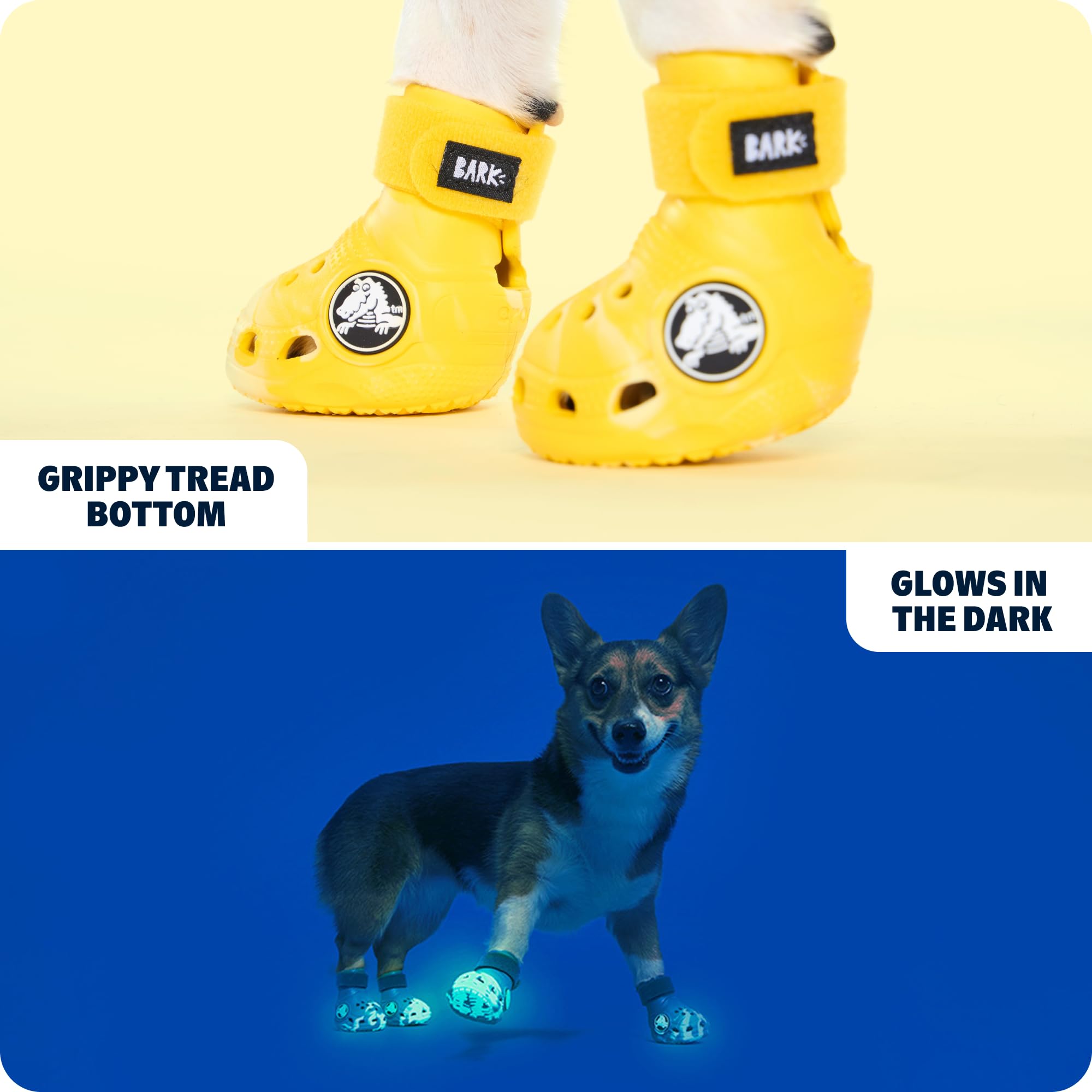 BarkBox crocs chien jaune, semelle antidérapante pour surfaces variées.