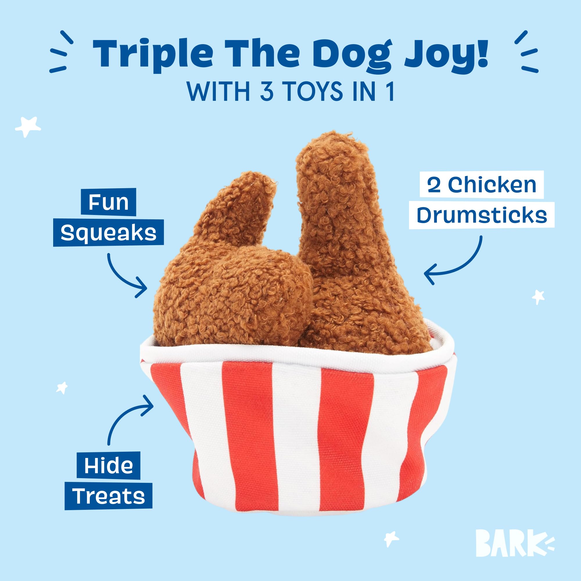 Jouet BarkBox Bucket o’ Fried Licken avec deux poulets crissants.