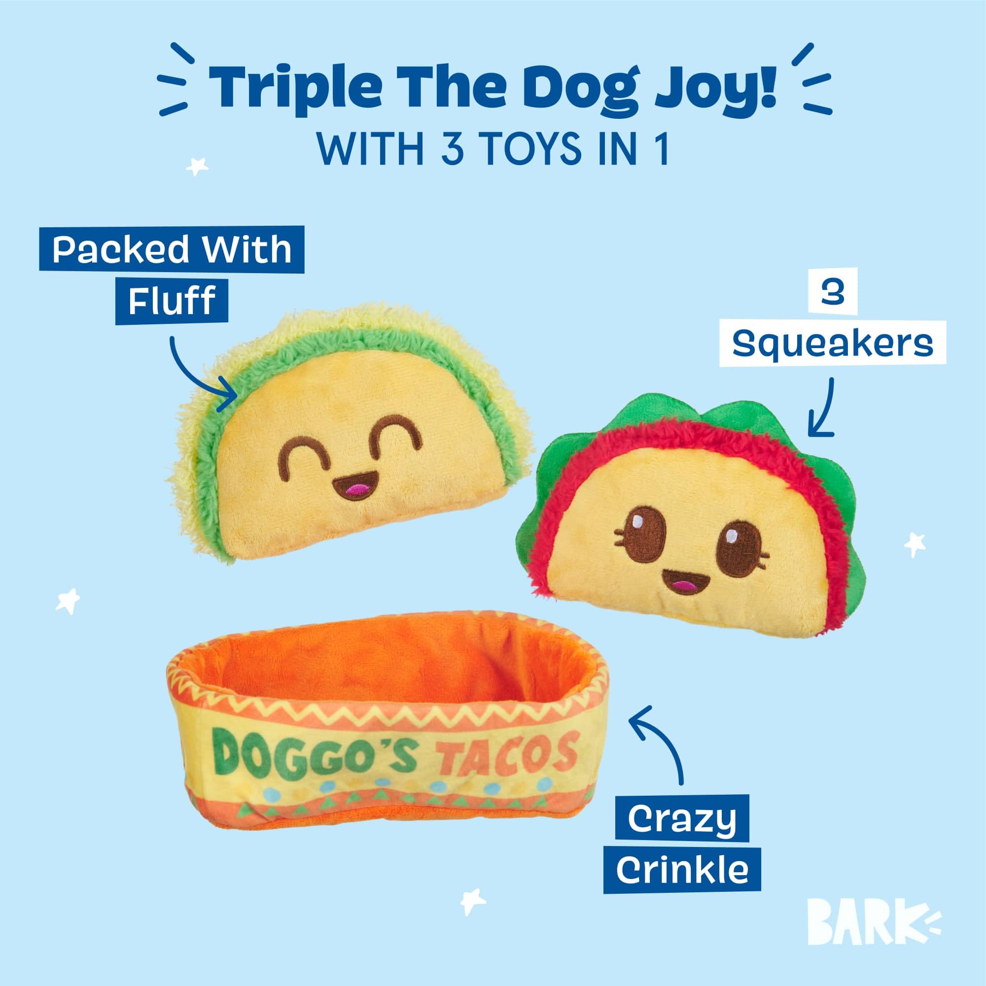 Barkbox Doggo's Tacos usage intérieur-exterieur pour jeux en plein air.