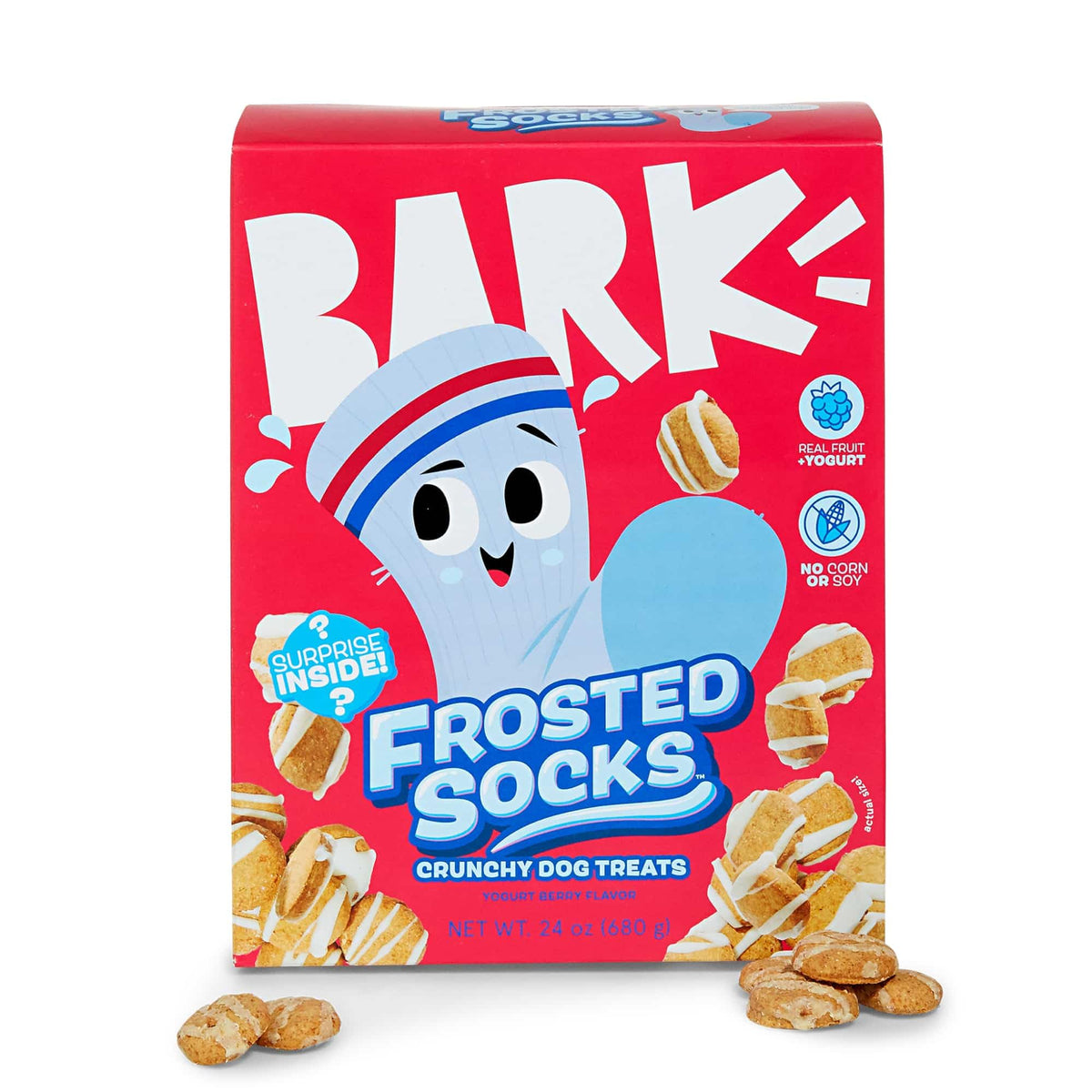 Barkbox Frosted Socks dans le paquet, friandises croustillantes à récompenser.