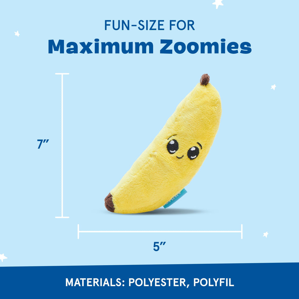 BarkBox Go Bananas: balle spikey interne avec sifflement pour destruction maîtrisée.