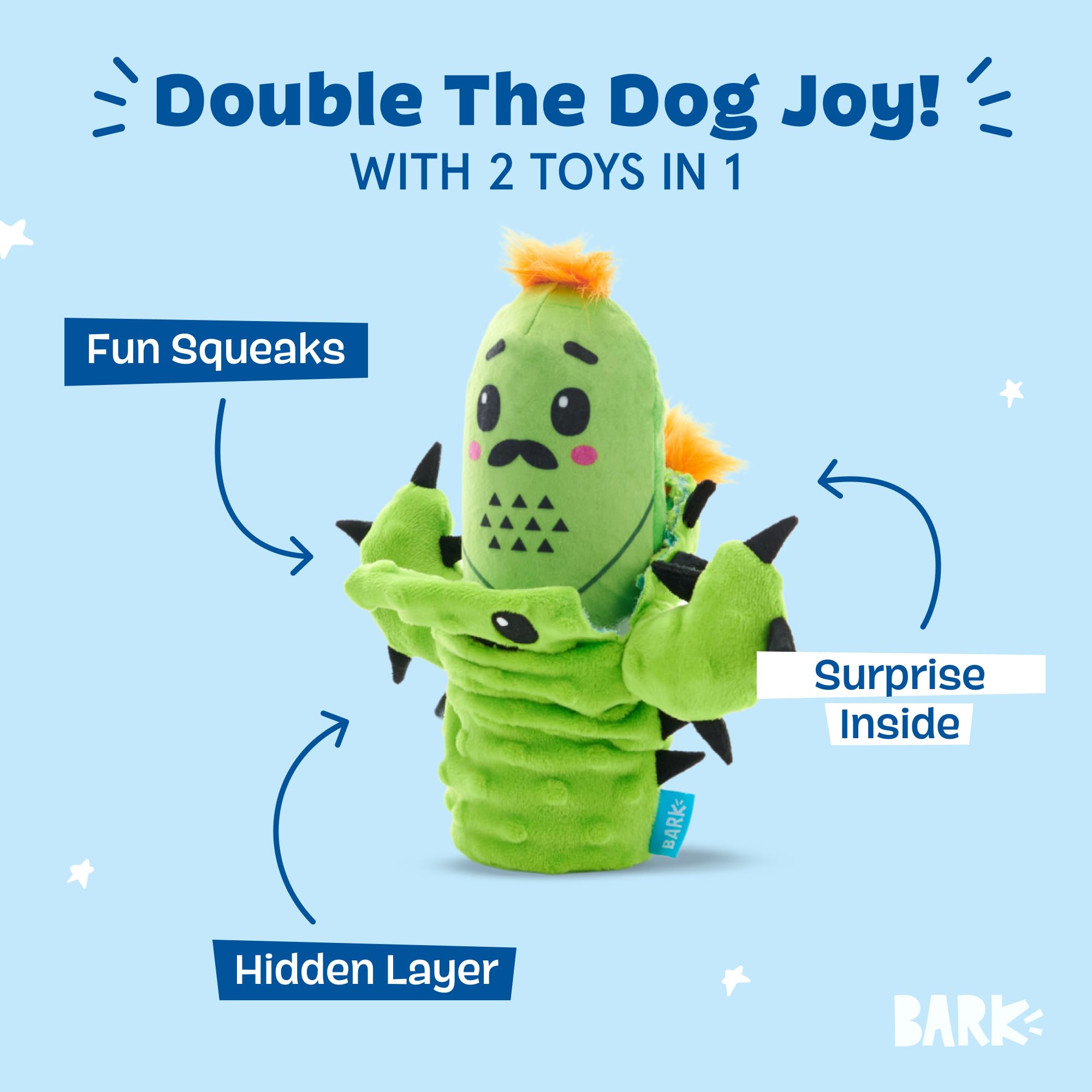 BarkBox Prickly Pete déchirure et révélation, prolonge le divertissement avec une surprise.