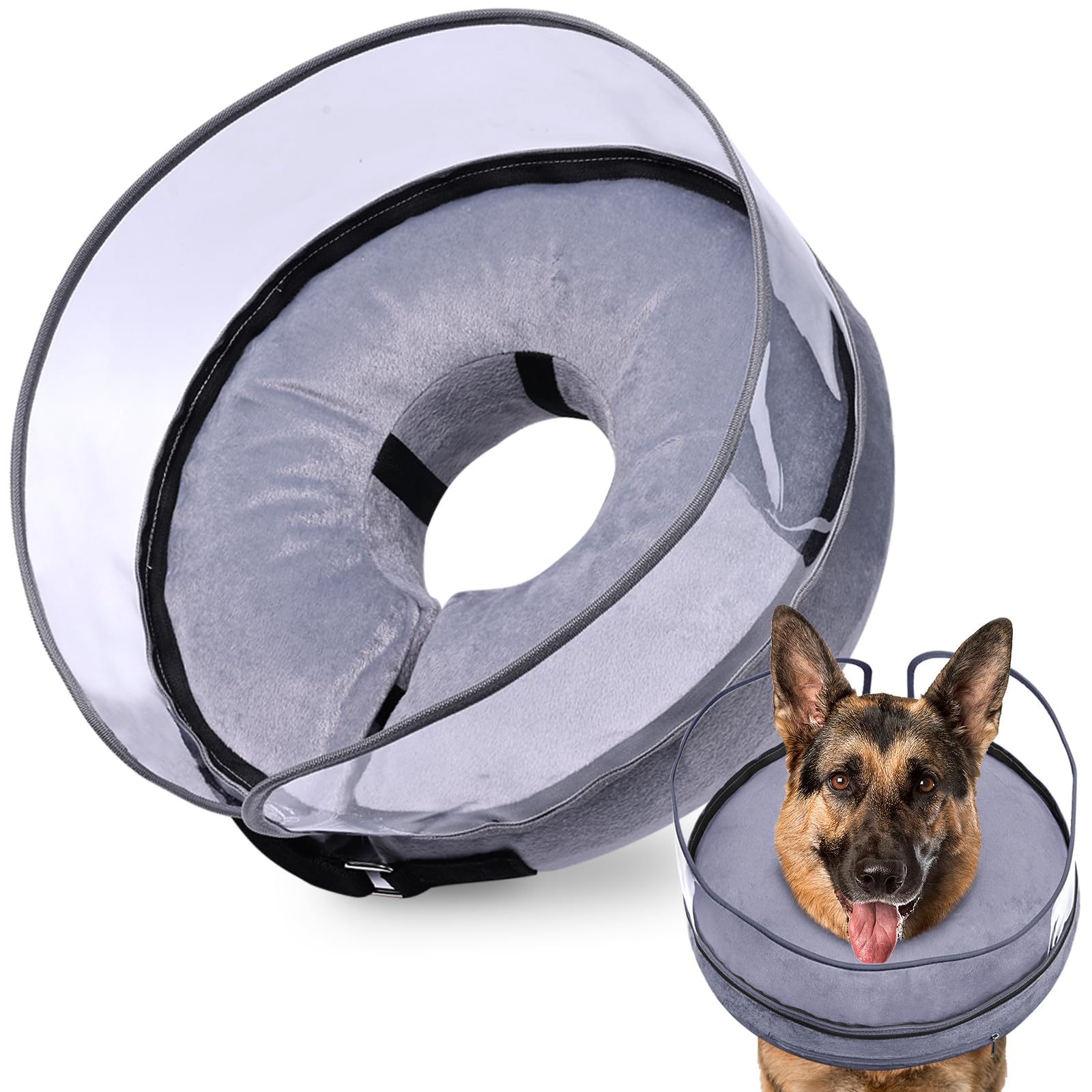 Cône gonflable Barkless pour chien grande race avec protection douce.