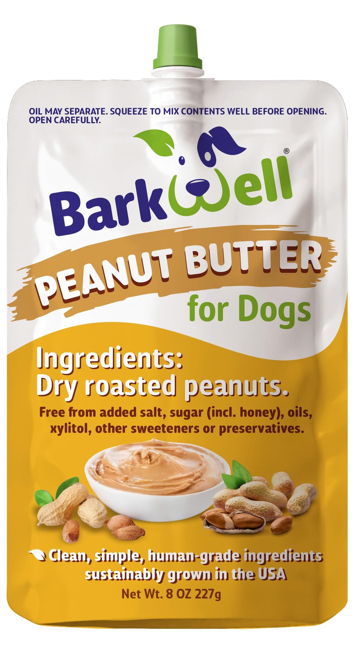BarkWell Beurre de cacahuète Squeeze, texture onctueuse prête à récompenser pendant les sessions d’entraînement.
