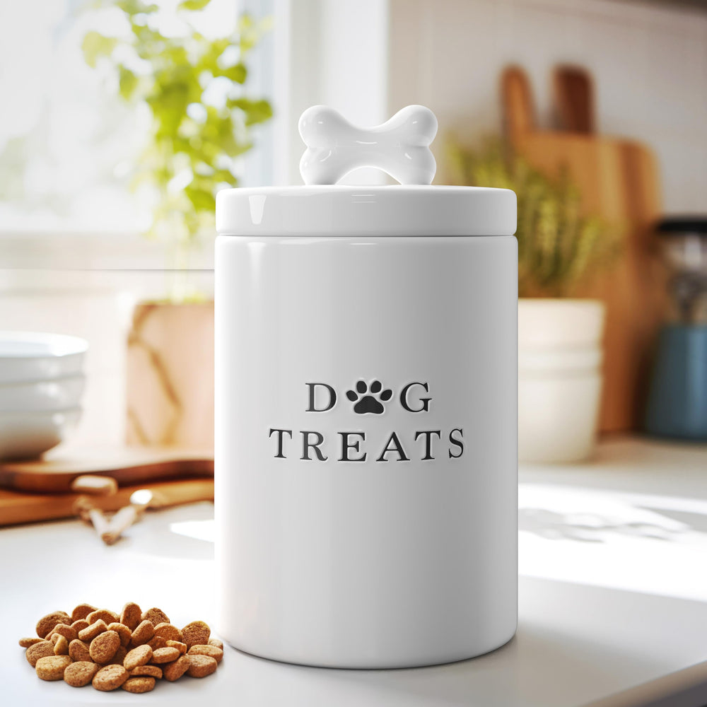 Contenant friandises chien en céramique Barnyard Designs, rangement élégant et pratique.
