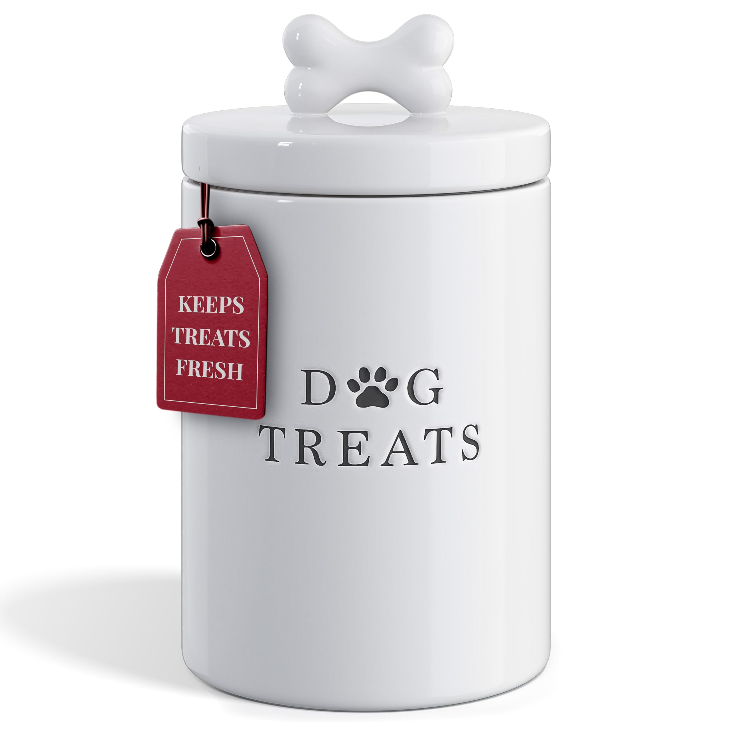 Pot Barnyard Designs pour friandises chien hermétique sur le comptoir, garde fraîcheur.