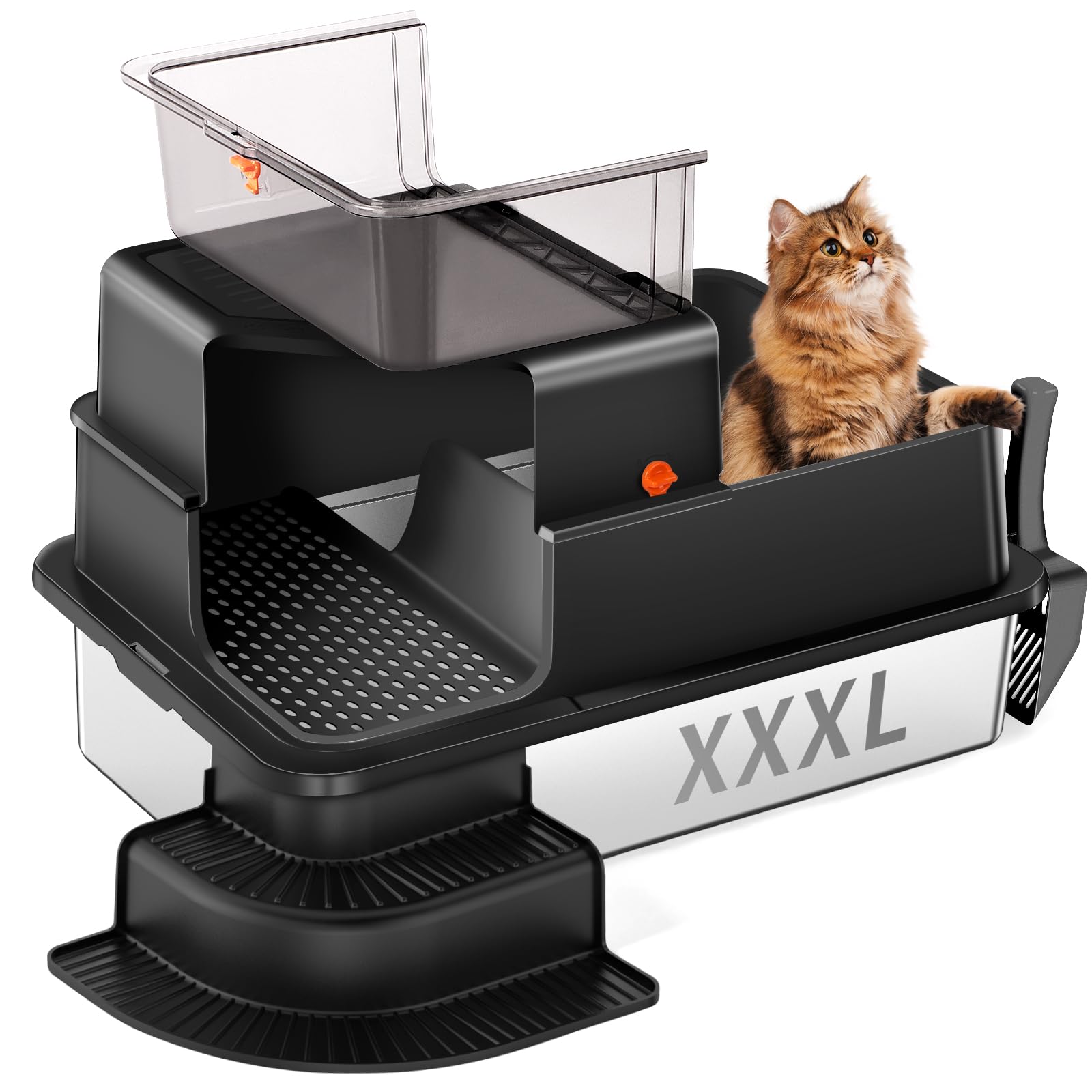 Bartuke XXXL bac à litière en inox avec bord haut, idéal pour chats spacieux.