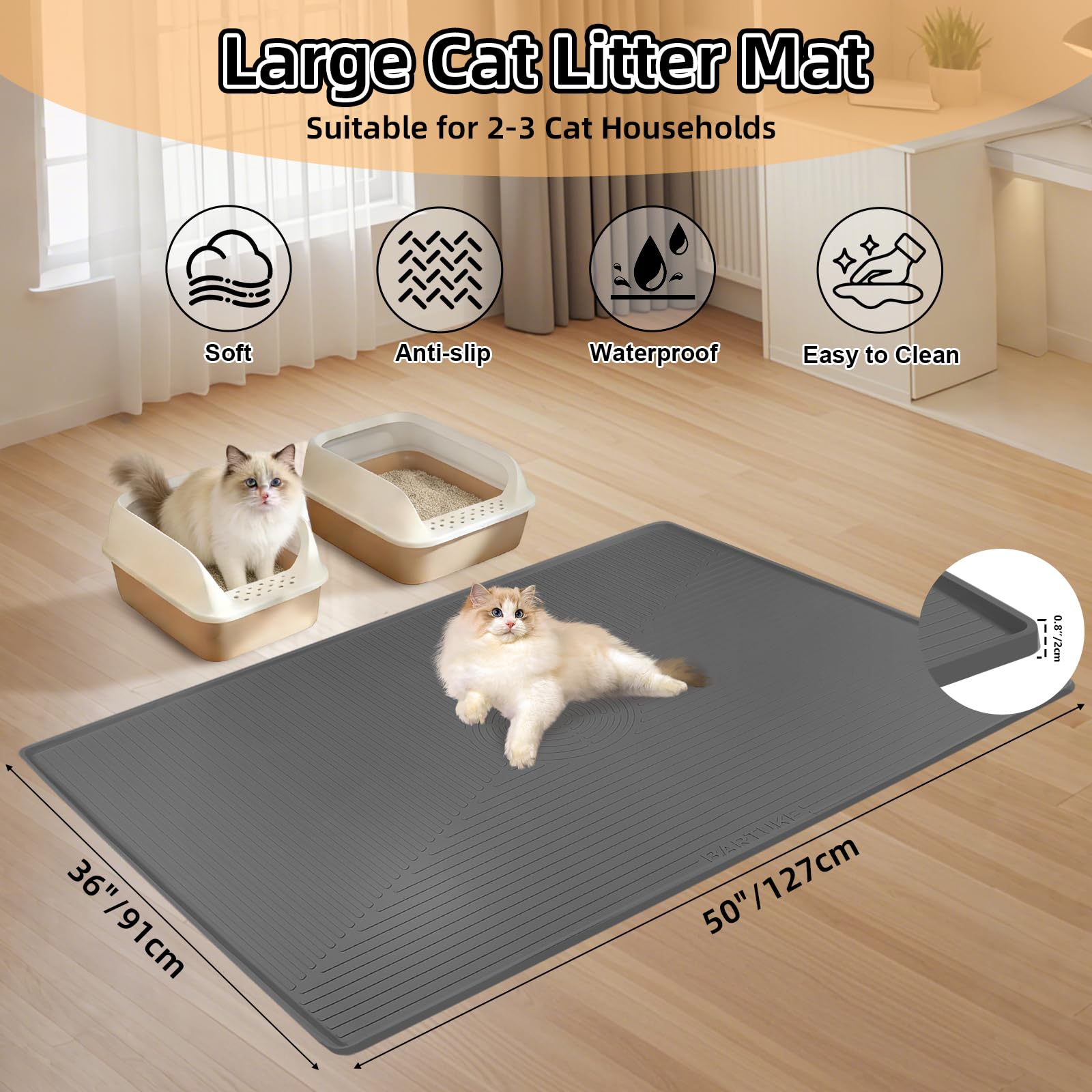 Bartuke Tapis Litière Chat Bord Élevé capte les débris avant contact au sol.