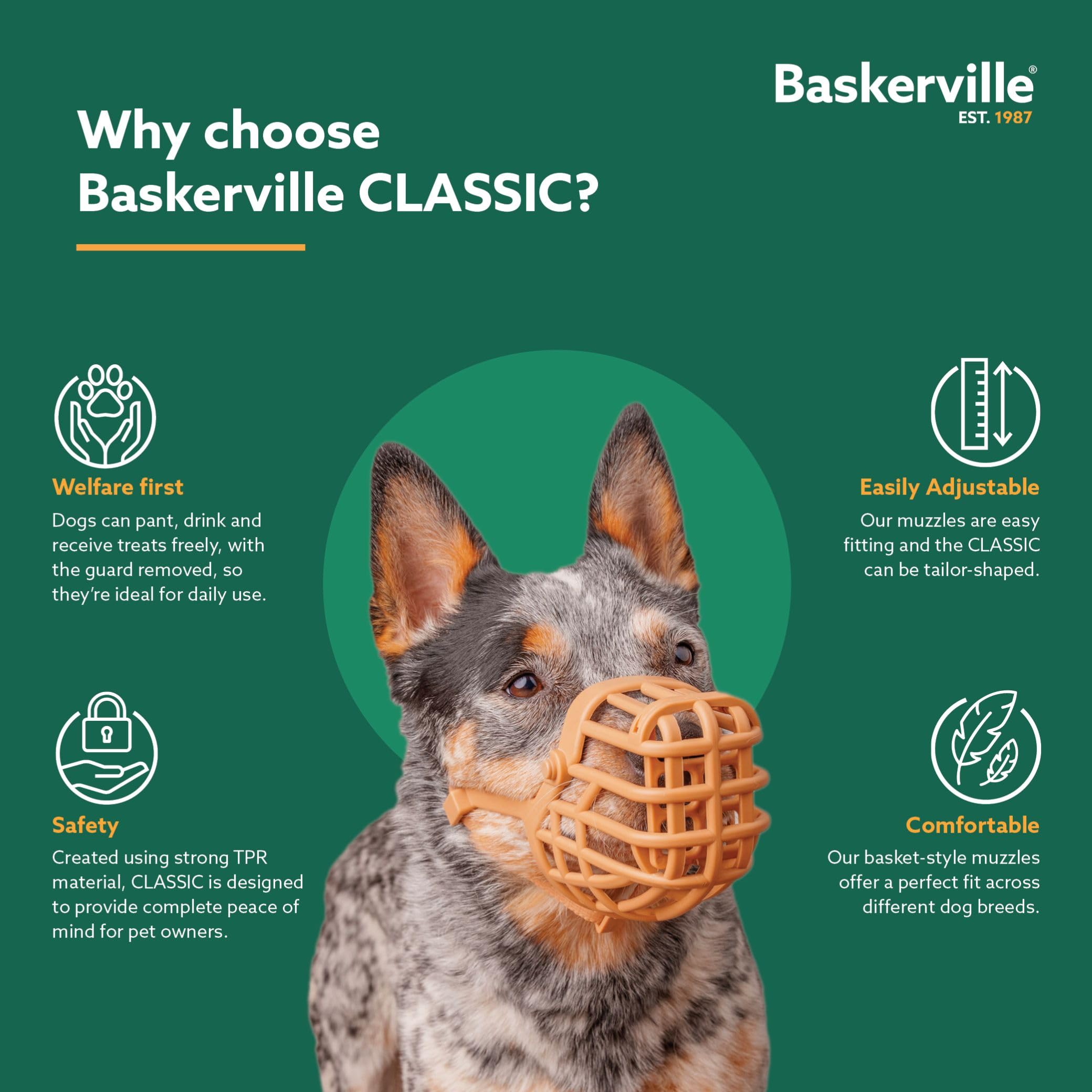 Baskerville Classic Basket Muzzle conçu pour les chiens au museau long et confortable.