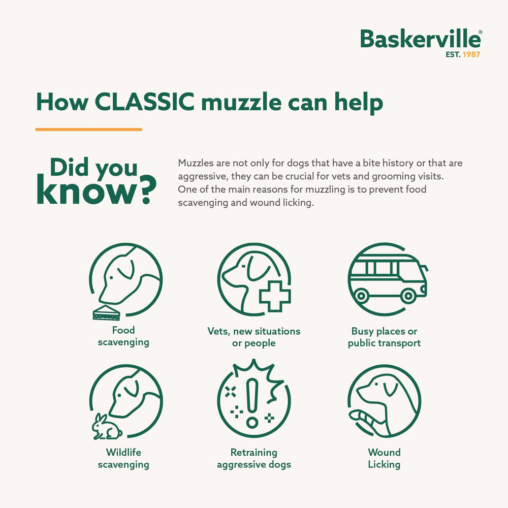 Baskerville Classic Basket Muzzle anti-scavage évite les débris et nourriture.