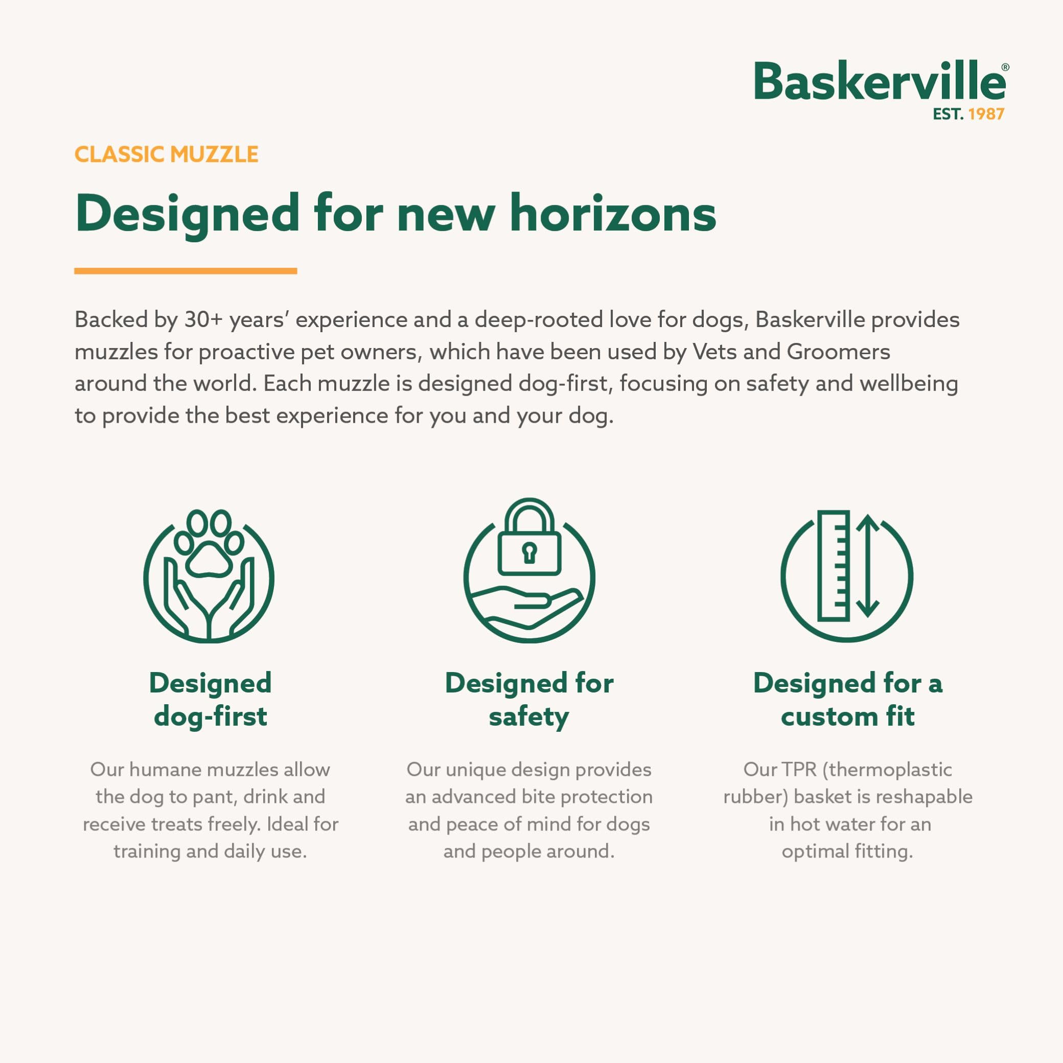 Baskerville masque panier classic - facilité d'ajustement et nettoyage rapide pour les propriétaires.