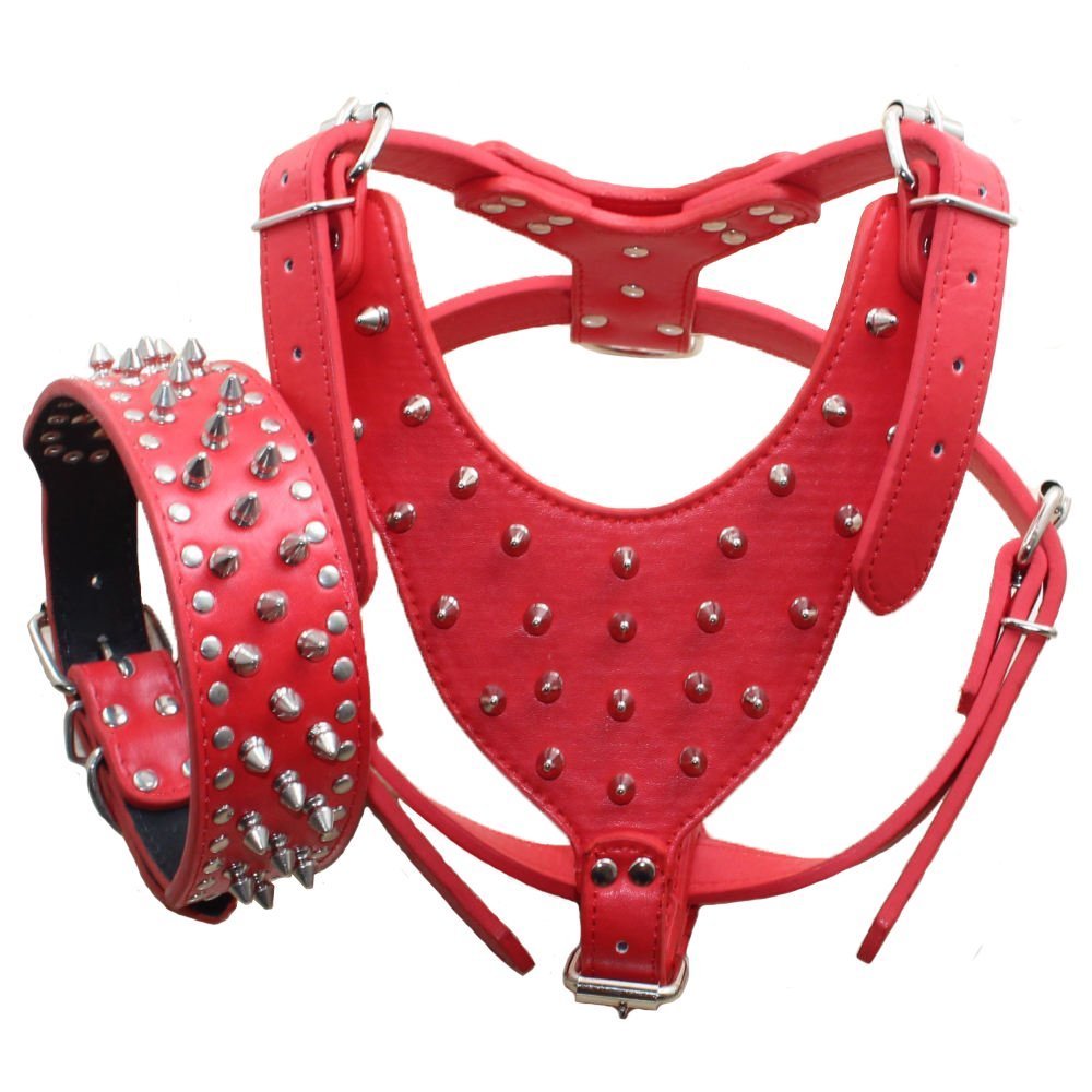 Harnais Bbmmayy pour grandes races avec spikes en cuir PU rouge, look robuste et confortable.