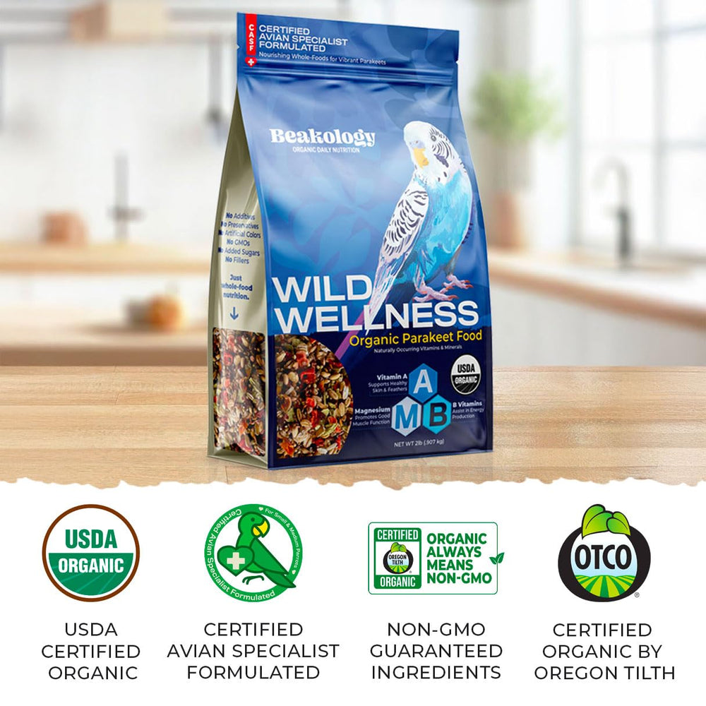 Beakology Wild Wellness bol d’alimentation bio pour perruche ondulée; grains équilibrés.
