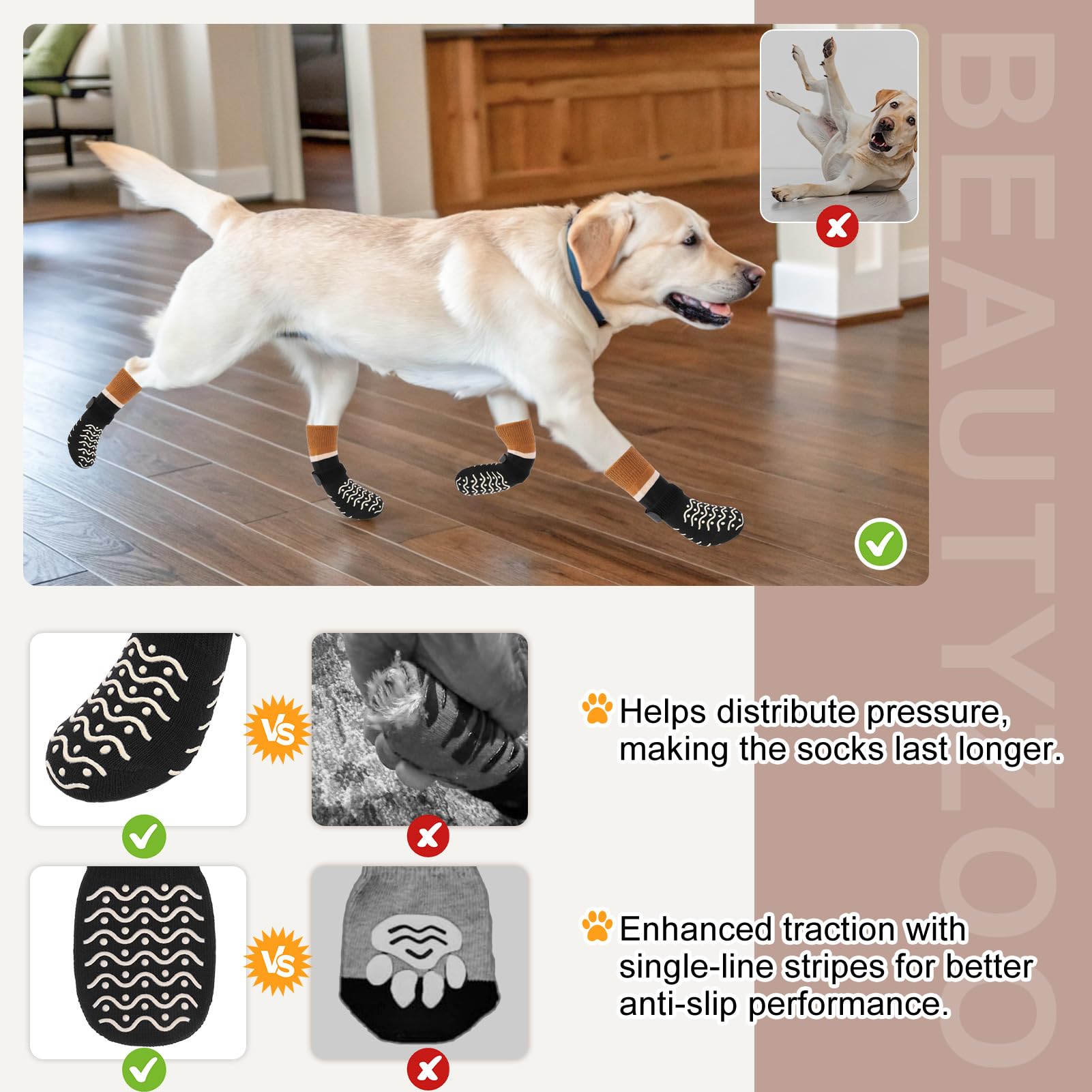 Les chaussettes Beautyzoo pour chien garantissent grip sur sol bois et carrelage.