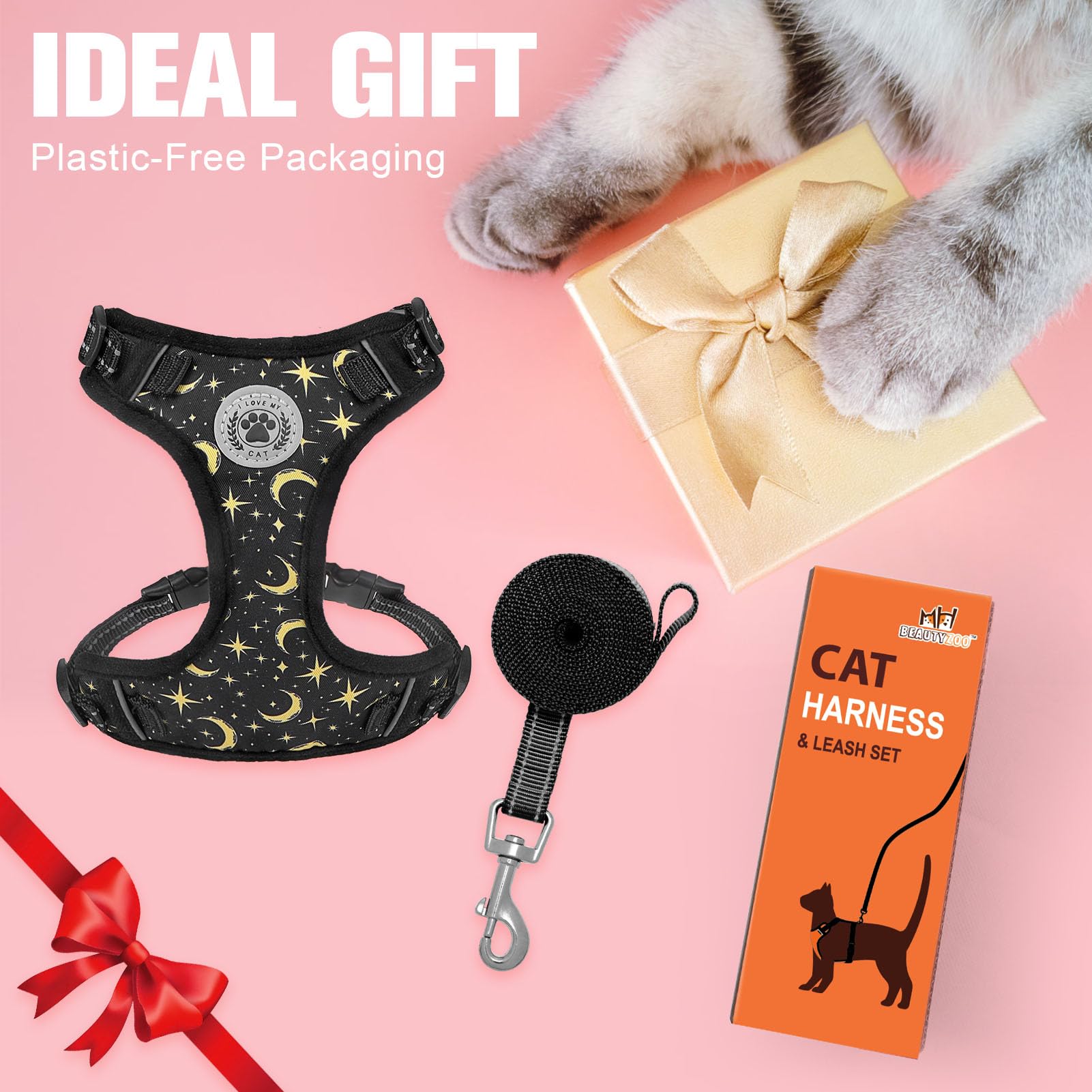 BEAUTYZOO harnais-chat-visibilite-nuit avec bandes réfléchissantes pour des sorties sûres.