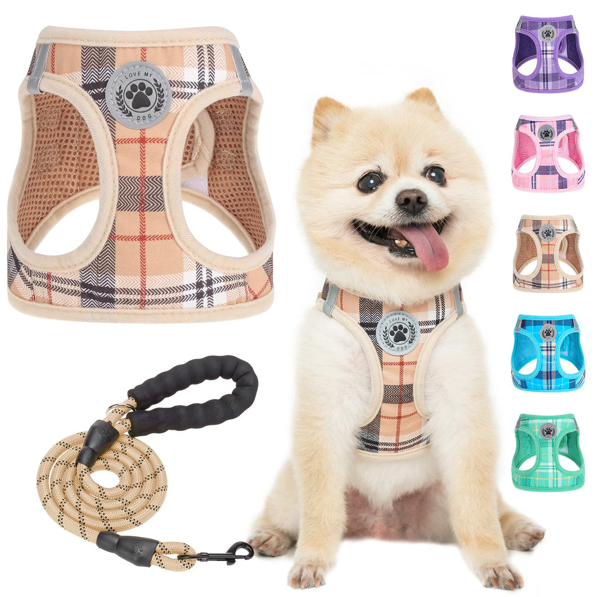 BEAUTYZOO harnais petit chien XXS plaid beige, confort et sécurité pour promenades.