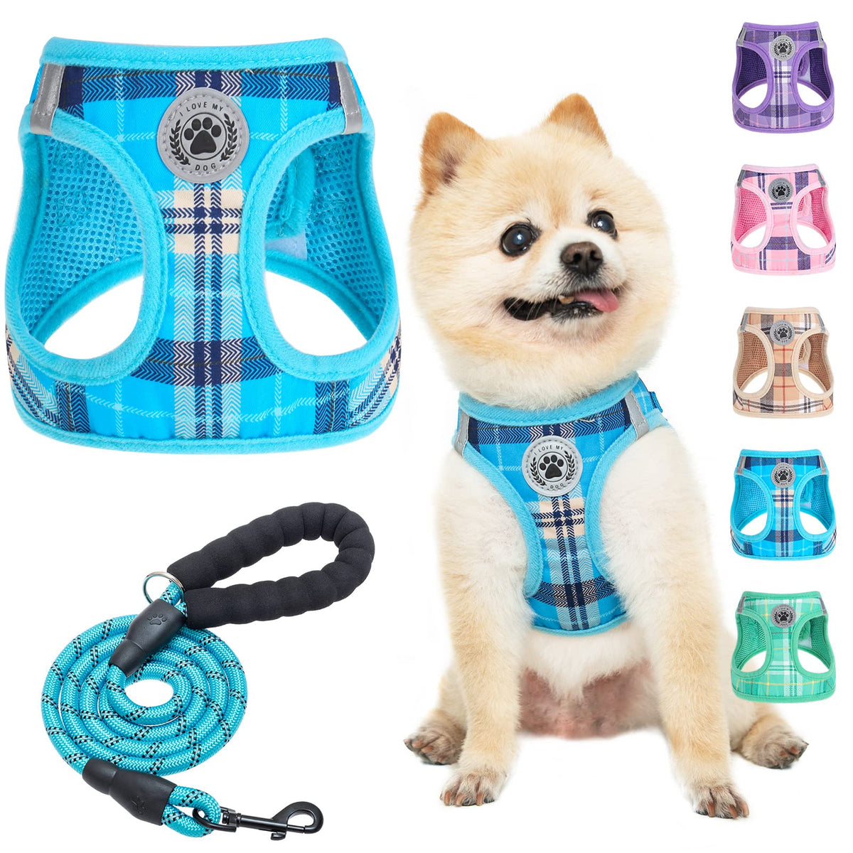 Harnais BEAUTYZOO pour petit chien bleu à carreaux, confort et sécurité lors des promenades.