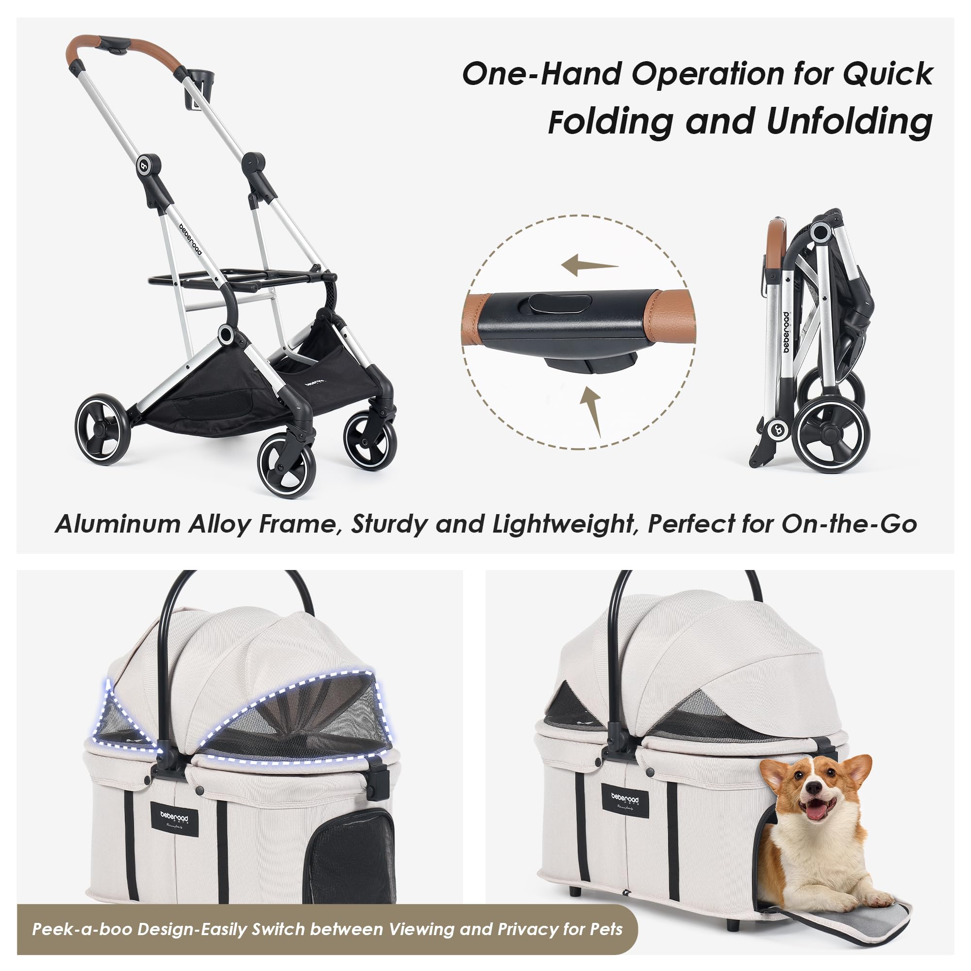 BEBEROAD PETS T3 Pro: canopee 180 deg pour ombrage et protection.