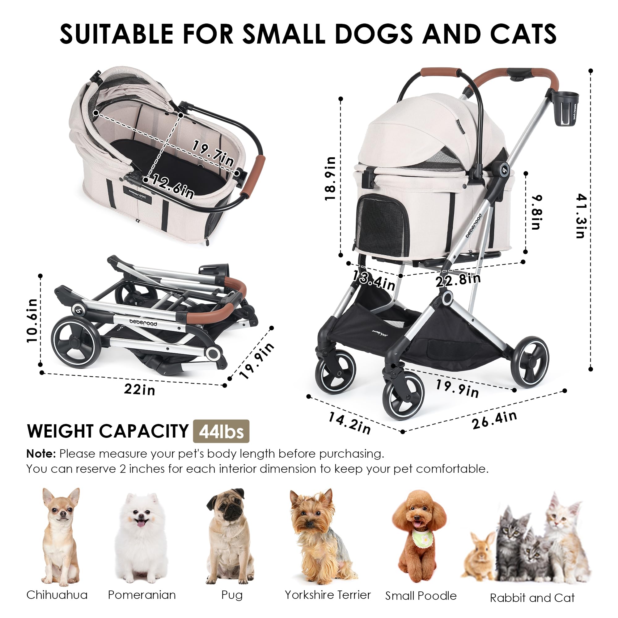 BEBEROAD PETS T3 Pro: tissus cationiques durables et nettoyage facile.